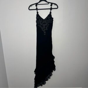Cache Black Asymmetrical Beaded & Embroidered Dress